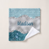 Aquamariner, gürtelgrüner Glitzer silber Monogramm Badhandtuch Set (Waschlappen)