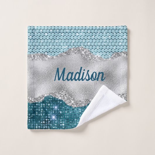 Aquamariner, gürtelgrüner Glitzer silber Monogramm Badhandtuch Set (Waschlappen)