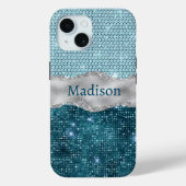 Aquamariner, gürtelgrüner Glitzer silber Monogramm Case-Mate iPhone Hülle (Rückseite)
