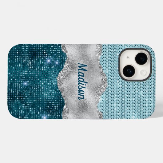 Aquamariner, gürtelgrüner Glitzer silber Monogramm Case-Mate iPhone Hülle (Rückseite (Horizontal))