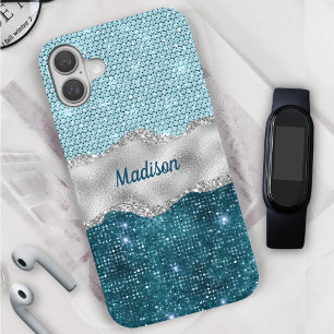 Aquamariner, gürtelgrüner Glitzer silber Monogramm iPhone 16 Hülle