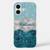 Aquamariner, gürtelgrüner Glitzer silber Monogramm Case-Mate iPhone Hülle (Rückseite)