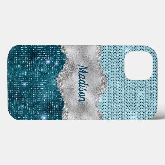 Aquamariner, gürtelgrüner Glitzer silber Monogramm Case-Mate iPhone Hülle (Rückseite (Horizontal))