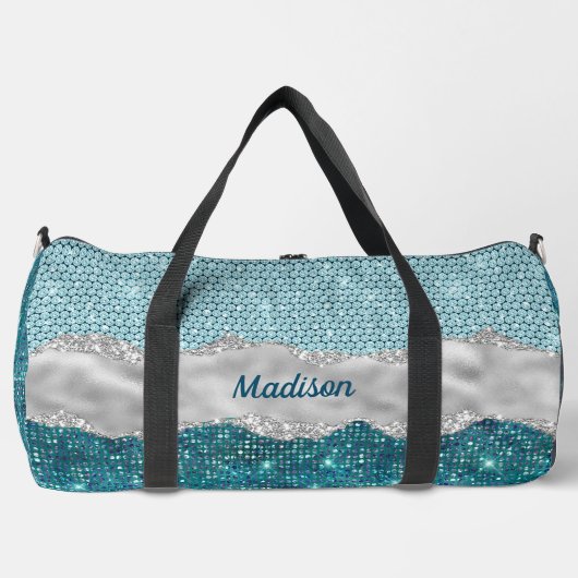 Aquamariner, gürtelgrüner Glitzer silber Monogramm Duffle Bag (Vorderseite)