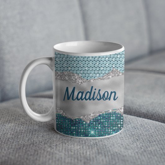 Aquamariner, gürtelgrüner Glitzer silber Monogramm Kaffeetasse