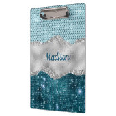 Aquamariner, gürtelgrüner Glitzer silber Monogramm Klemmbrett (Links)