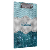 Aquamariner, gürtelgrüner Glitzer silber Monogramm Klemmbrett (Rechts)