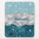 Aquamariner, gürtelgrüner Glitzer silber Monogramm Mousepad (Vorne)