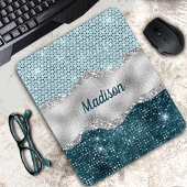 Aquamariner, gürtelgrüner Glitzer silber Monogramm Mousepad