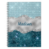 Aquamariner, gürtelgrüner Glitzer silber Monogramm Notizblock (Vorderseite)