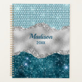 Aquamariner, gürtelgrüner Glitzer silber Monogramm Planer (Vorderseite)