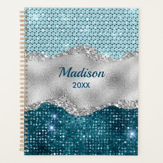 Aquamariner, gürtelgrüner Glitzer silber Monogramm Planer (Vorderseite)