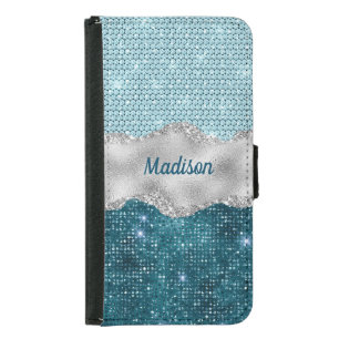 Aquamariner, gürtelgrüner Glitzer silber Monogramm Geldbeutel Hülle Für Das Samsung Galaxy S5