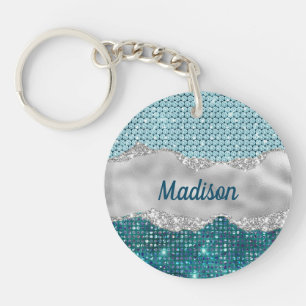 Aquamariner, gürtelgrüner Glitzer silber Monogramm Schlüsselanhänger