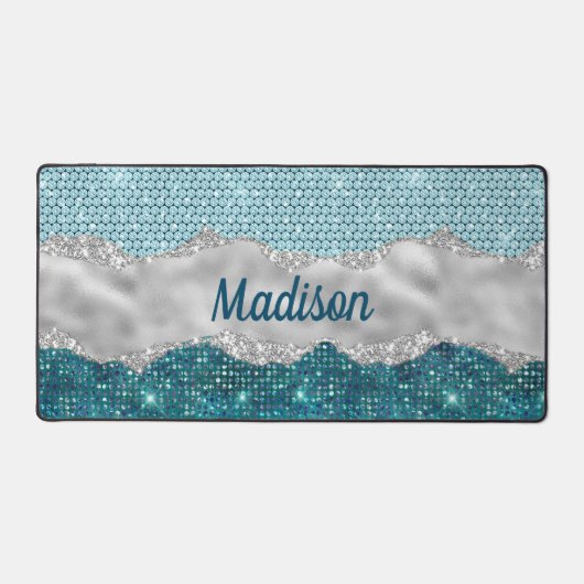 Aquamariner, gürtelgrüner Glitzer silber Monogramm Schreibtischunterlage (Vorderseite)