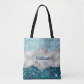 Aquamariner, gürtelgrüner Glitzer silber Monogramm Tasche (Vorderseite)