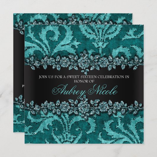 Aquamariner Imitat-Glitzer u. Samt Blumen16. Einladung (Vorne/Hinten)