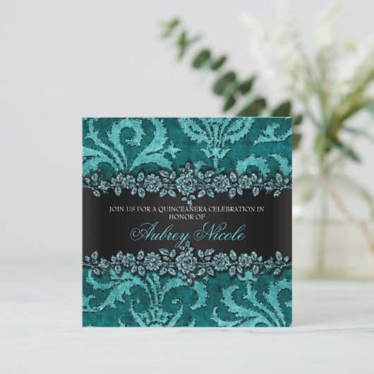 Aquamariner Imitat-Glitzer u. Samt Einladung (Stehend Vorderseite)