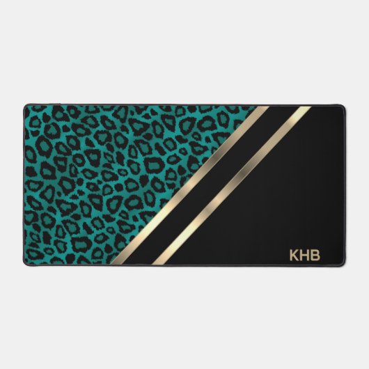 Aquamariner Leopard mit Gold und Schwarz - Monogra Schreibtischunterlage (Vorderseite)