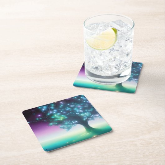 Aquamariner Lila Baum mit Lichtern Rechteckiger Pappuntersetzer (Vor Ort)