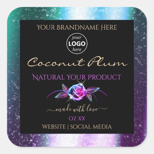 Aquamariner Lila Glitzer, Schwarze Produktkennzeic Quadratischer Aufkleber (Vorderseite)