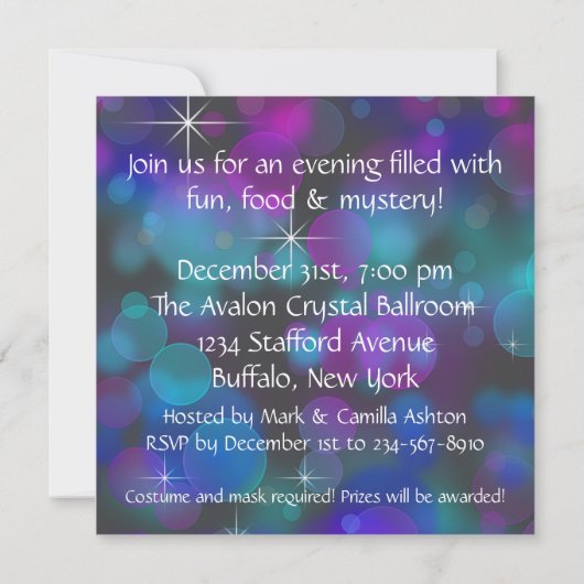 Aquamariner Lila Silvester Masquerade Party Einladung (Rückseite)