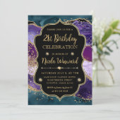 Aquamariner, Lila und Gold Glitzer Agate Frame Geb Einladung (Stehend Vorderseite)