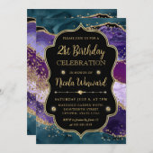 Aquamariner, Lila und Gold Glitzer Agate Frame Geb Einladung (Vorne/Hinten)