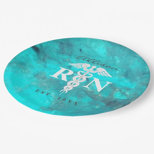 Aquamariner Marmor der Nurse Graduation Party Pappteller (Schrägansicht)