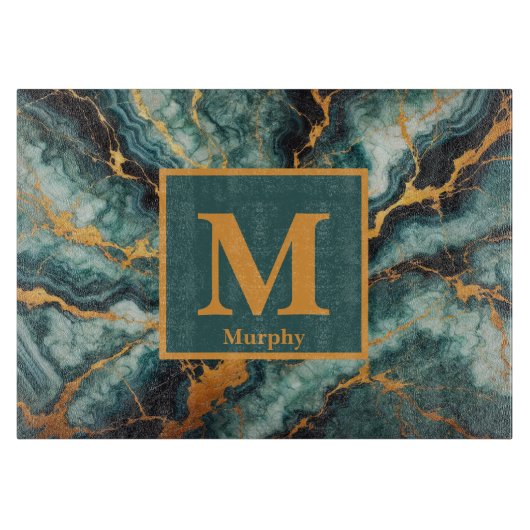 Aquamariner Marmor mit Monogramm aus Gold und schw Schneidebrett (Vorderseite)