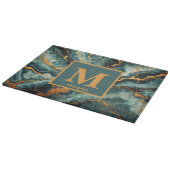 Aquamariner Marmor mit Monogramm aus Gold und schw Schneidebrett (Ecke)