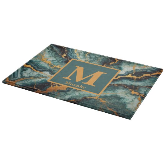 Aquamariner Marmor mit Monogramm aus Gold und schw Schneidebrett (Ecke)