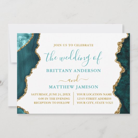Aquamariner Marmor und Goldhochzeit Einladung (Vorderseite)