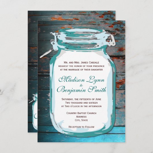 Aquamariner Mason Jar Rustic Wood Wedding Einladun Einladung (Vorne/Hinten)