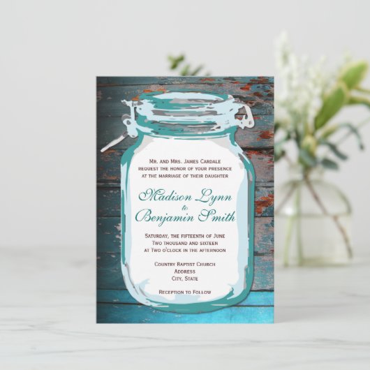 Aquamariner Mason Jar Rustic Wood Wedding Einladun Einladung (Stehend Vorderseite)