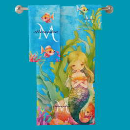 Aquamariner Monogramm Name Mermaid Badetuch Set