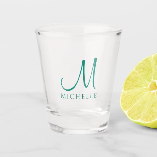 Aquamariner Name des ersten Monogramms mit benutze Schnapsglas (Vorderseite)