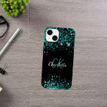 Aquamariner Name des Glitzer Case-Mate iPhone 14 Hülle<br><div class="desc">Stilvoll schwarzer Hintergrund. Dekoriert mit aquamarinen,  grünen Imitaten Glitzer Staub. Personalisieren und fügen Sie Ihren Vornamen,  Monogramm-Initialen und vollständigen Namen. Der Name wird mit einem handgeschriebenen Stilskript geschrieben.</div>