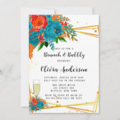 Aquamariner Orange Red Florals Gold Brunch und Bub Einladung (Vorderseite)
