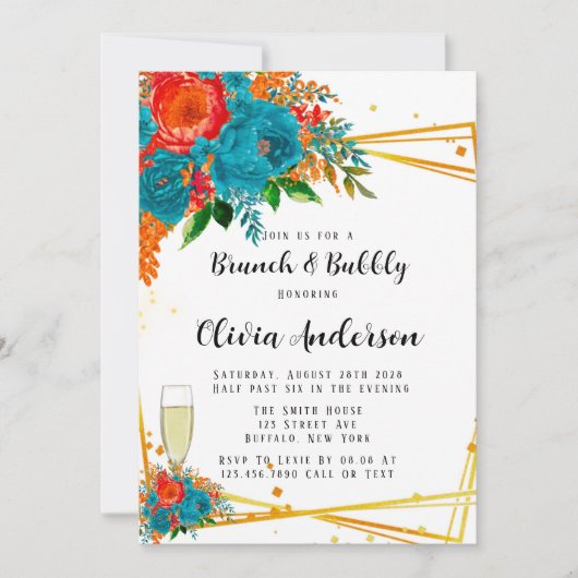 Aquamariner Orange Red Florals Gold Brunch und Bub Einladung (Vorderseite)