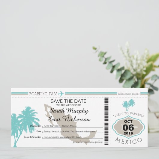 Aquamariner Palm Tree Save the Date Boarding Pass (Stehend Vorderseite)