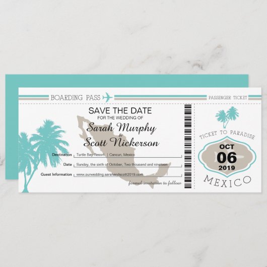 Aquamariner Palm Tree Save the Date Boarding Pass (Vorne/Hinten)