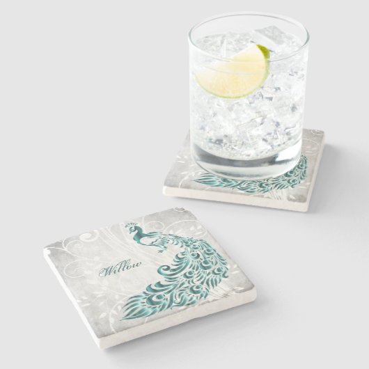 Aquamariner Peacock Personalisiert Stone Untersetz Steinuntersetzer (Seitenansicht)