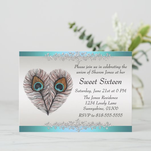 Aquamariner Pfau 16. Geburtstag Einladung (Stehend Vorderseite)