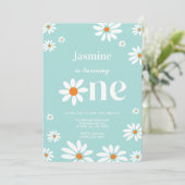 Aquamariner Retro Groovy Daisy Florals 1. Geburtst Einladung (Stehend Vorderseite)