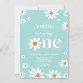 Aquamariner Retro Groovy Daisy Florals 1. Geburtst Einladung (Vorderseite)
