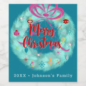 Aquamariner Retro-Weihnachtskranz Weinetikett (Einzelnes Label)