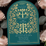 Aquamariner Royal Mittelalterlicher Goldschwert-Ho Einladung<br><div class="desc">Set den Ton für Ihre mittelalterliche Fantasy-Hochzeit mit einem kühnen Bogen-Einladung-Design - ein großes Goldschwert umgeben von Blumen vor aquamarinem Hintergrund. Ideal für Paare,  die von einer epischen,  romantischen Feier träumen. Machen Sie Ihre Liebe von Anfang an legendär! HINWEIS: Das Gold in diesem Design ist KEINE echte Folie.</div>
