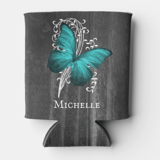 Aquamariner rustikaler Schmetterling Personalisier Dosenkühler (Vorderseite)