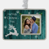 Aquamariner Rustikaler Weihnachtsmann Gerahmt Erst Rahmen-Ornament Silber (Vorderseite)